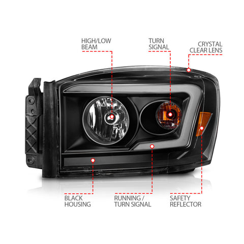ANZO 06-09 Dodge RAM 1500/2500/3500 Headlights Black Housing/Clear Lens (w/Switchback Light Bars) - 111526