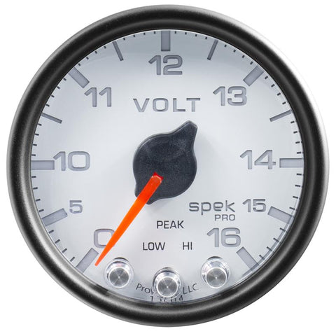 Autometer Spek-Pro Gauge Voltmeter 2 1/16in 16V Stepper Motor W/Peak & Warn Wht/Blk - P34412