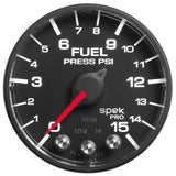 Autometer Spek-Pro Gauge Fuel Press 2 1/16in 15psi Stepper Motor W/Peak & Warn Blk/Blk - P315328