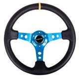 NRG Reinforced Steering Wheel (350mm / 3in. Deep) Blk Leather w/Blue Cutout Spoke & Single Yellow CM - RST-006BL-Y