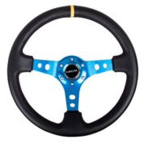 NRG Reinforced Steering Wheel (350mm / 3in. Deep) Blk Leather w/Blue Cutout Spoke & Single Yellow CM - RST-006BL-Y