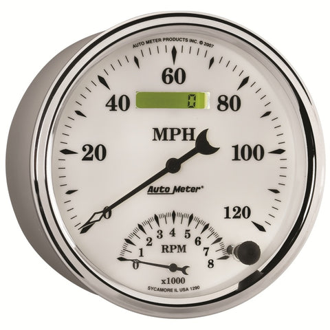 AutoMeter Gauge Tach/Speedo 5in. 120MPH & 8K RPM Elec. Program Old Tyme White II - 1290