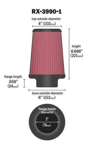 K&N Filter Universal X Stream Clamp-On 4in Top OD x 6in Base OD x 8.688in H x 3in Flange ID - RX-3990-1