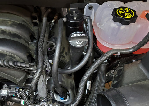 J&amp;L 19-24 Chevrolet Silverado/GMC Sierra 1500 5.3L V8 Driver Side Oil Separator 3.0 - Black Anod - 3086D-B