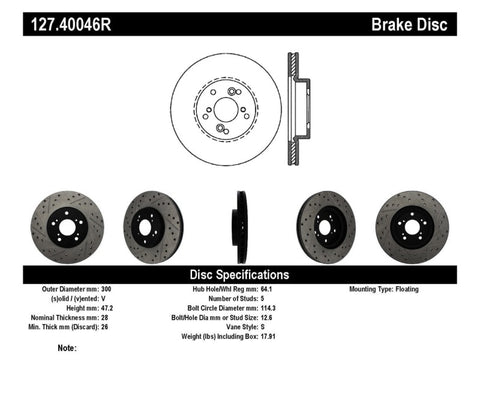 StopTech Nissan 370Z / 01-03 Acura CL / 06 EL / 04-09 TSX / 03-07 Honda Accord Coupe M/T / 05-08 Se - 127.40046R