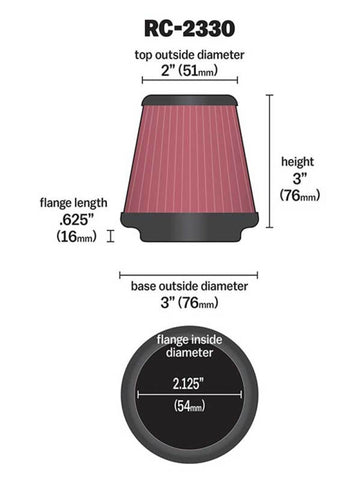 K&N Universal Chrome Filter 2 1/8 inch FLG / 3 inch Bottom / 2 inch Top / 3 inch Height - RC-2330