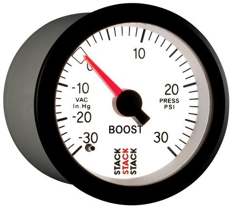 Autometer Stack 52mm -30INHG to +30 PSI (Incl T-Fitting) Mechanical Boost Pressure Gauge - White - ST3162