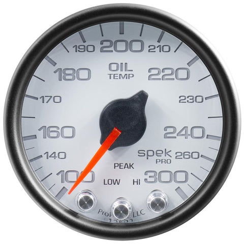Autometer Spek-Pro Gauge Oil Temp 2 1/16in 300f Stepper Motor W/Peak & Warn Wht/Blk - P32212