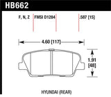 Hawk 10 Hyundai Genesis Coupe (w/o Brembo Breaks) HPS Street 15mm Rear Brake Pads - HB662F.587