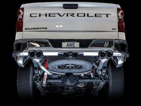 AWE Tuning 4th Gen GM 1500 5.3L 0FG Catback Split Rear Exit (w/ Bumper Cutouts) - Quad Chrome Tips - 3015-42201