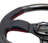 NRG Carbon Fiber Steering Wheel (320mm) Flat Bottom & Leather Trim w/Red Stitching - ST-009CFRS