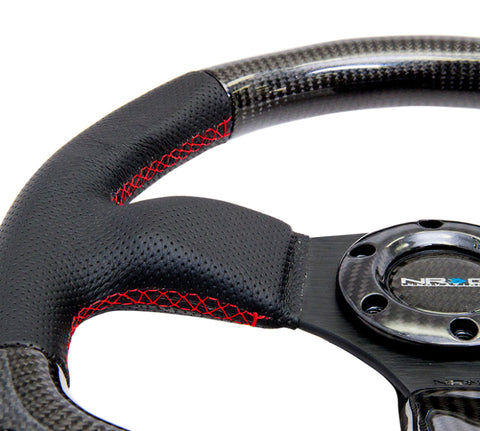 NRG Carbon Fiber Steering Wheel (320mm) Flat Bottom & Leather Trim w/Red Stitching - ST-009CFRS