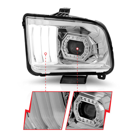 ANZO 05-09 Ford Mustang (w/Factory Halogen HL Only) Projector Headlights w/Light Bar Chrome Housing - 121567
