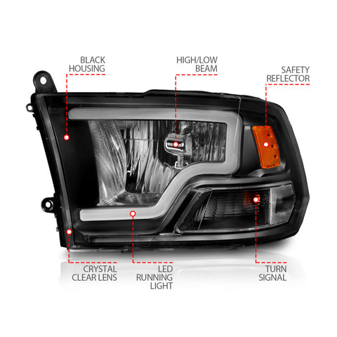 ANZO 2009-2018 Dodge Ram 1500 Crystal Headlights w/ Light Bar Black Housing - 111515