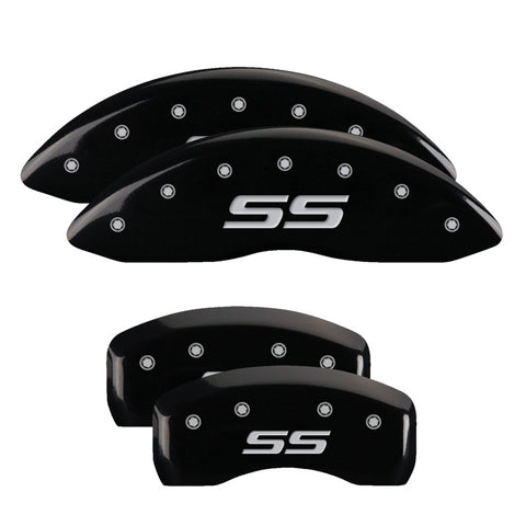 MGP 4 Caliper Covers Engraved Front & Rear Monte Carlo style/SS Black finish silver ch - 14217SSS4BK