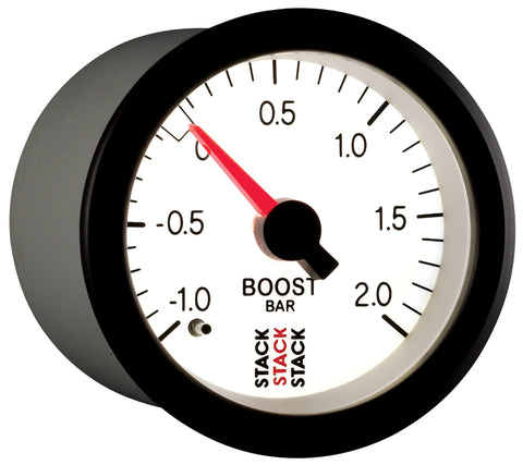 Autometer Stack 52mm -1 to +2 Bar T-Fitting 0.187in Barb (M) Mechanical Boost Pressure Gauge - White - ST3161