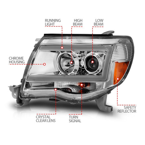 ANZO 2005-2011 Toyota Tacoma Projector Headlights w/ Light Bar Chrome Housing - 111518