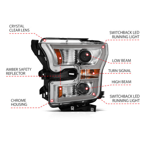 ANZO 2015-2017 Ford F-150 Projector Headlights w/ Plank Style Switchback Chrome w/ Amber - 111358