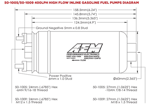 AEM 400LPH High Pressure Inline Fuel Pump - M18x1.5 Female Inlet to M12x1.5 Male Outlet - 50-1009