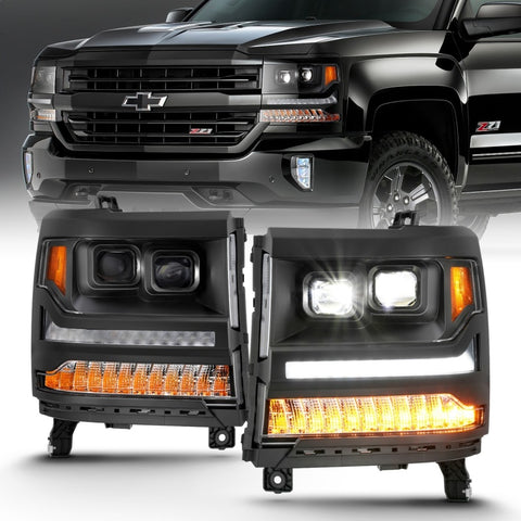 ANZO 16-18 Chevrolet Silverado 1500 LED Projector Headlights w/Plank Style Switchback Black w/ Amber - 111420