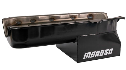 Moroso Pre-85 Chevrolet Small Block (w/Passenger Side Dipstick) Wet Sump 7qt 8in Steel Oil Pan - Blk - 21308