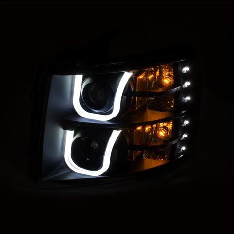 ANZO 2007-2013 Chevrolet Silverado 1500/2500 Projector Headlights w/ U-Bar Switchback Black w/ Amber - 111384