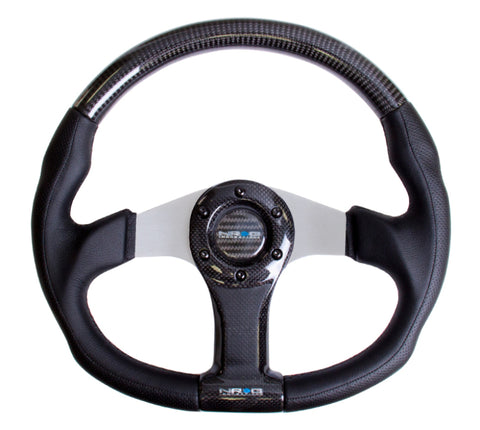 NRG Carbon Fiber Steering Wheel (350mm) Silver Oval Shape w/Leather Trim - ST-013CFSL