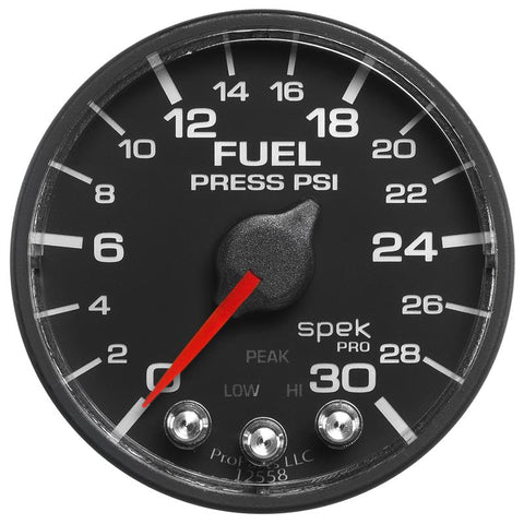 Autometer Spek-Pro Gauge Fuel Press 2 1/16in 30psi Stepper Motor W/Peak & Warn Blk/Blk - P316328