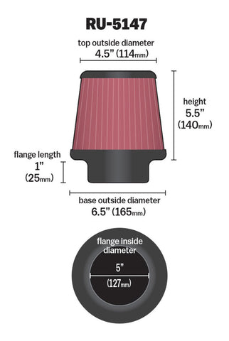 K&N Filter Universal Rubber Filter 5in Flange 6.5in Base 4.5in Top 5.5in Height - RU-5147