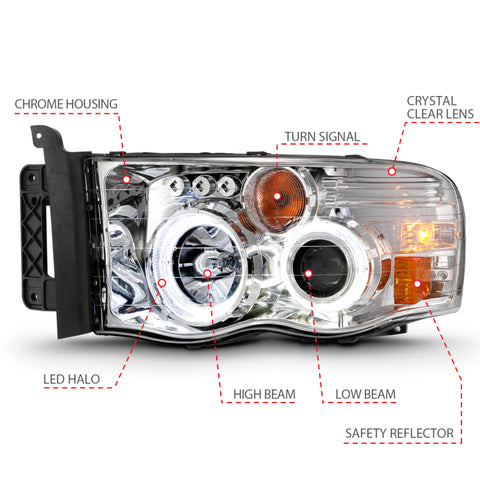 ANZO 2002-2005 Dodge Ram 1500 Projector Headlights w/ Halo Chrome Clear Amber - 111491