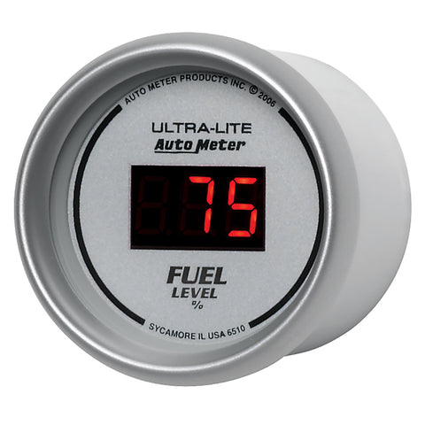 Autometer Ultra-Lite Digital 2-1/16in 0-280 OHM Silver Dial w/ Red LED Programmable Fuel Level Gage - 6510