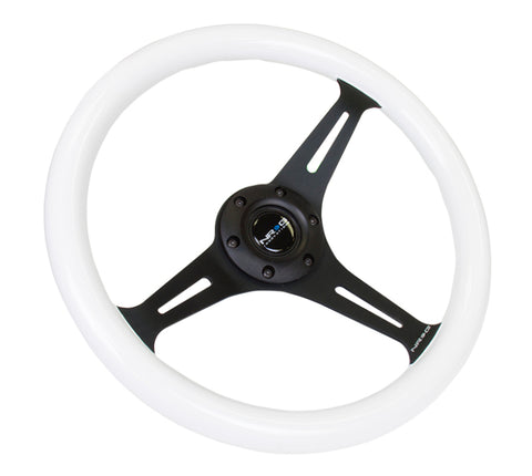 NRG Classic Wood Grain Steering Wheel (350mm) Glow-N-The-Dark Green Grip w/Black 3-Spoke Center - ST-015BK-GL
