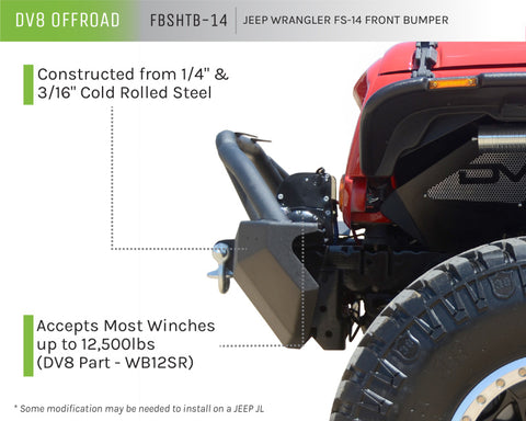 DV8 Offroad 07-18 Jeep Wrangler JK/JL FS-14 Mid Length Steel Front Bumper w/ Fog Lights & LED Lights - FBSHTB-14