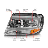 ANZO 1999-2004 Jeep Grand Cherokee Crystal Headlights w/ Light Bar Chrome Housing - 111538