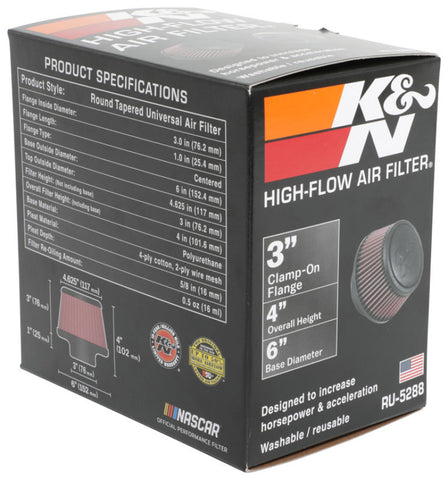 K&N Universal Round Clamp-On Air Filter 3in Flange ID x 6in Base OD x 4.625in Top OD x 3in Height - RU-5288