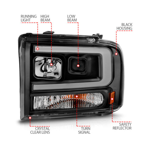 ANZO 99-04 Ford F250/F350/F450/Excursion (excl 99) Projector Headlights - w/ Light Bar Black Housing - 111551