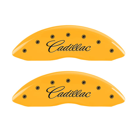 MGP 4 Caliper Covers Engraved Front & Rear Cursive/Cadillac Yellow finish black ch - 35020SCADYL