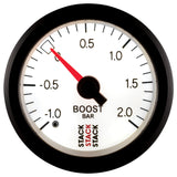 Autometer Stack 52mm -1 to +2 Bar T-Fitting 0.187in Barb (M) Mechanical Boost Pressure Gauge - White - ST3161