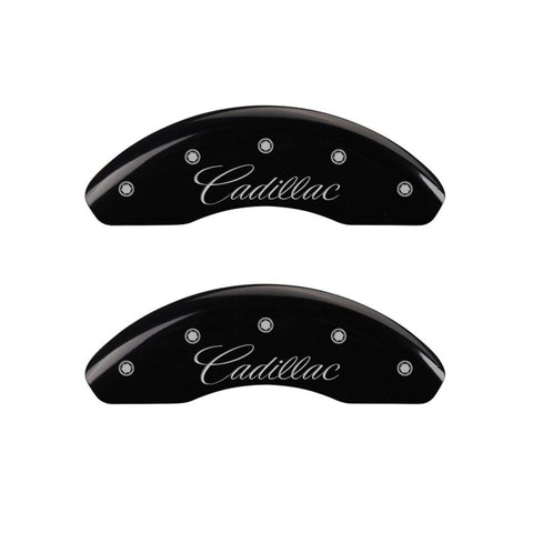 MGP 4 Caliper Covers Engraved Front & Rear Cursive/Cadillac Black finish silver ch - 35006SCADBK