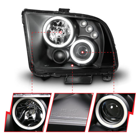 ANZO 2005-2009 Ford Mustang Projector Headlights w/ Halo Black - 121166