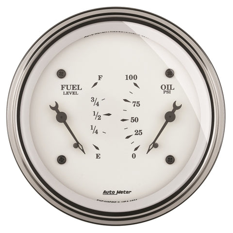 AutoMeter Gauge Dual Fuel & Oilp 3-3/8in. 240 Ohm(e) to 33 Ohm(f) & 100PSI Elec Old Tyme Wht - 1613