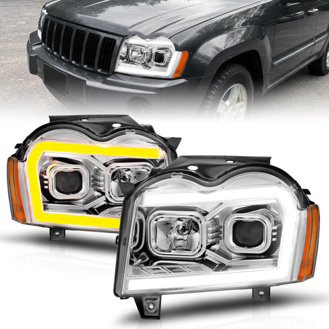 ANZO 05-07 Jeep Grand Cherokee Projector Headlights - w/ Light Bar Switchback Chrome Housing - 111544