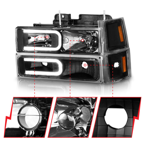 ANZO 88-98 Chevrolet C1500 Crystal Headlights w/ Light Bar Black Housing w/ Signal Side Markers 8Pcs - 111528