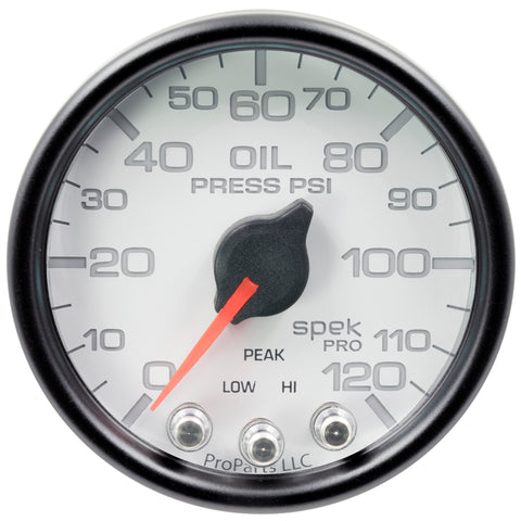Autometer Spek-Pro Gauge Oil Press 2 1/16in 120psi Stepper Motor W/Peak & Warn Wht/Blk - P32512