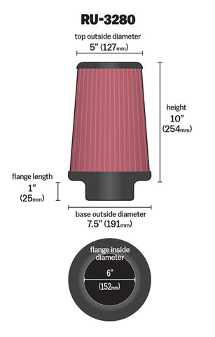 K&N Filter Universal Rubber Filter 6 inch Flange 7.5 inch Base 5 inch Top 10 inch Height - RU-3280
