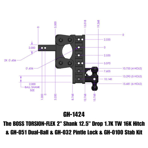 Gen-Y The Boss Torsion-Flex 2in Shank 12.5in Drop 16K Hitch w/GH-051 Dual-Ball/Pintle Lock/Stab Kit - GH-1424