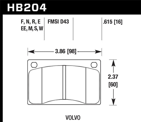 Hawk Volvo 142/145/164/240/242/244/245/262/265/1800 Black Race Brake Pads - HB204M.615