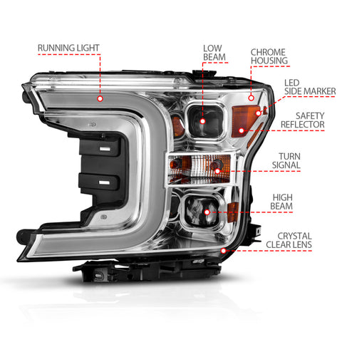 ANZO 18-19 Ford F-150 Projector Headlights w/Plank Style Switchback Chrome w/Amber - 111399