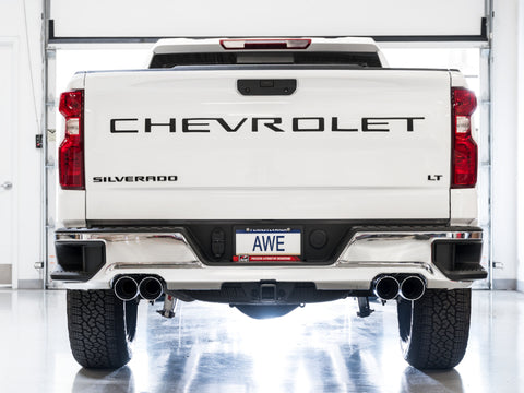 AWE Tuning 4th Gen GM 1500 6.2L 0FG Cat-Back Split Rear Exit (w/ Bumper Cutouts) - Quad Chrome Tips - 3015-42203