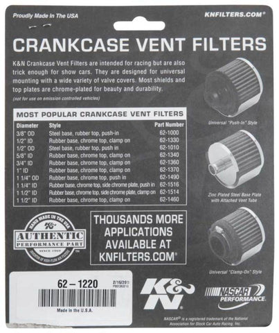 K&N Rubber Base Crankcase Vent Filter - Chrome 1in Flange ID x 2in OD x 1.5in Height - 62-1220